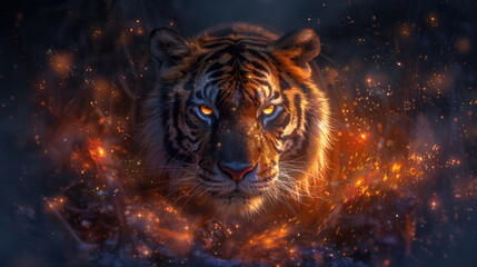 Psychedelic glowing tiger in ambush - obrazy, fototapety, plakaty
