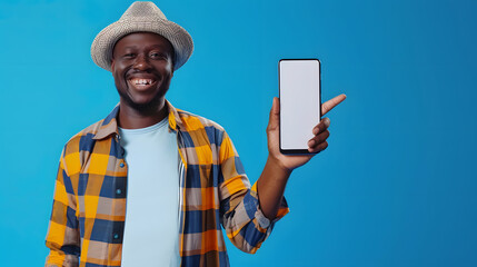 Smiling middleaged black man in casual outfit pointing at huge smartphone with white blank screen blue studio background high angle view panorama with copy space mockup for advertiseme : Generative AI