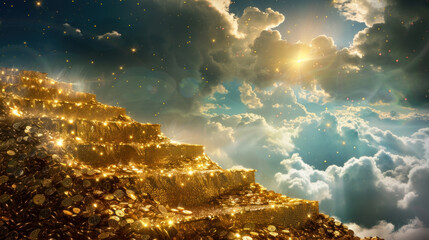 Golden stairway to heaven, afterlife concept - obrazy, fototapety, plakaty