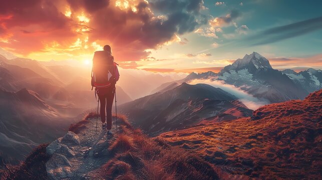 A stunning image of a hiker looking out into the sunset over snowy mountains