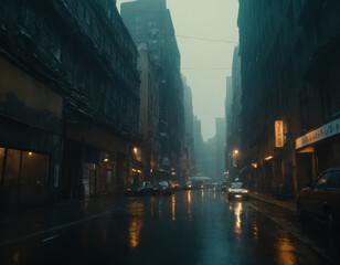 Rain-Soaked City Street at Dusk with Shop Lights
