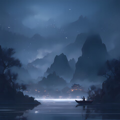 Oriental mountain village fantasy scene (night)