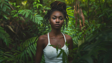 A stunning black woman stands in a lush green forest dressed in sustainable and ethicallymade clothing. She looks powerful and connected to nature as she poses confidently for the .
