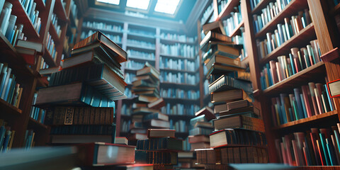 Bookshelf in the library blurred background back to school concept education For Social Media. - obrazy, fototapety, plakaty