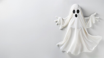 3D illustration of a little white ghost floating on a white background.