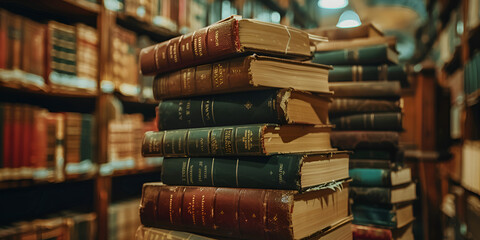 A group of books is lined up along a hallway in the style of tiltshift photography - obrazy, fototapety, plakaty