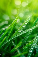 Naklejka premium The grain rain, the green grass and dew in the fields, the dim background of spring