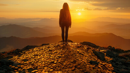 Woman standing on pile of gold on top of a mountain, watching sunset - obrazy, fototapety, plakaty