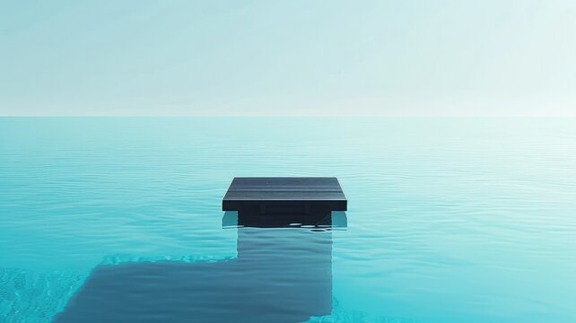 Tranquil Minimalist Diving Board Floating on Serene Blue Water Backdrop