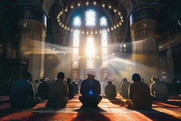 Worshippers Gathered in Ornate Mosque Sanctuary,Rays of Spiritual Light Shining Through Stained Glass Dome