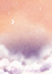 Watercolor Background With Sky With Clouds Stars.Jpg