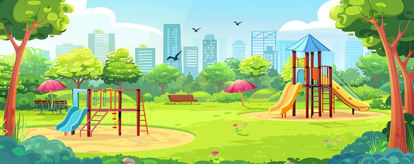 Children Slide and climb outdoor Playground park in kindergarten city background illustration  garden landscape.  generative ai
