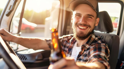 Truck driver drinking beer - driving under influence concept - obrazy, fototapety, plakaty