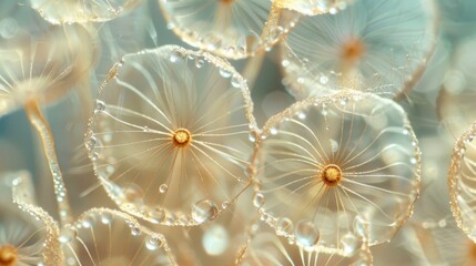 A closeup view of delicate fungal spores resembling tiny dandelion seeds captured in stunning detail under a microscope. - obrazy, fototapety, plakaty