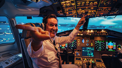 Joking smiling pilot on commercial plane