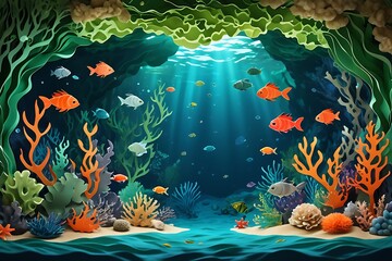Paper craft underwater sea cave with fishes, crab, seahorse, seabed in algae, waves. World Oceans...