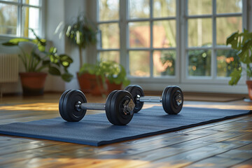 Dumbbells ready for a workout in a sunny room - obrazy, fototapety, plakaty