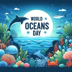 Obraz na płótnie Canvas World oceans day concept design with underwater ocean, dolphin, shark, coral, sea plants, stingray and turtle.