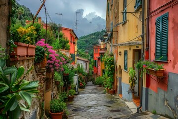 A picturesque cobblestone street lined with colorful potted plants and flowers, adding a touch of natural beauty to the urban setting.