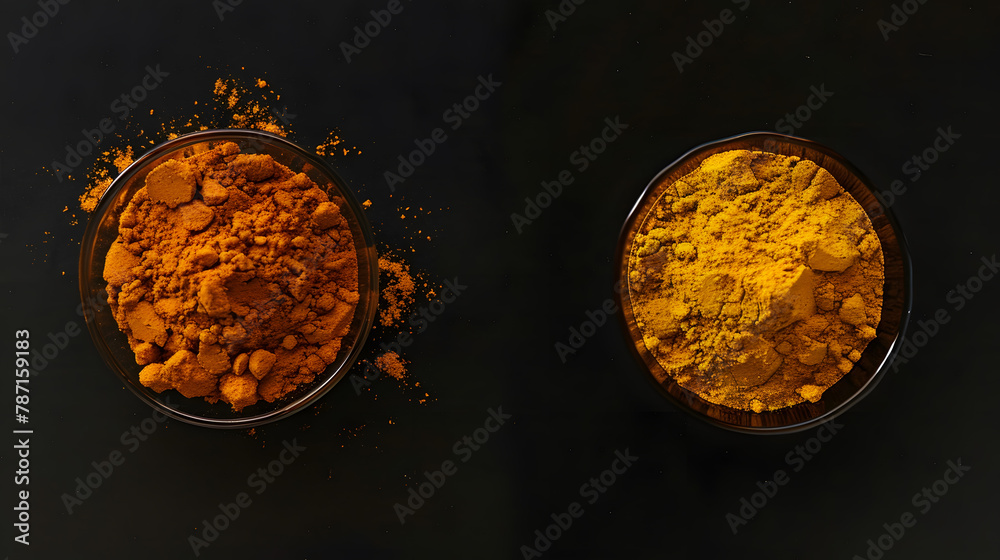 Poster flat lay top view of turmeric powder and fresh turmeric curcumin on a black background used for cook