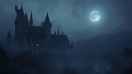 Castle Dracula's imposing silhouette, eerie moonlit night.