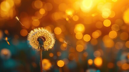 Macro photo of dandelion blowball against blurred bokeh light golden hour background - Powered by Adobe