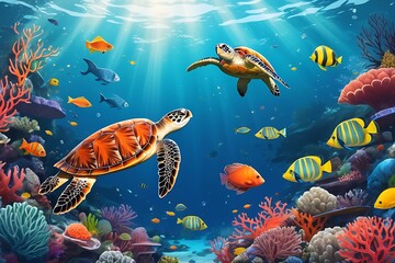 World oceans day 8 June. Save our ocean. Sea turtle, jellyfish and fish were swimming underwater with beautiful coral and seaweed