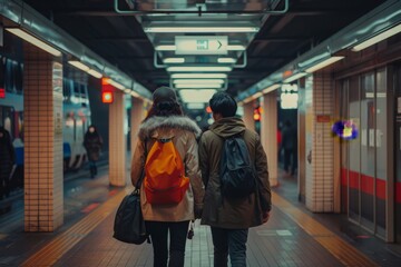 A couple of people casually walking down a bustling train station, with luggage in hand and anticipation in their eyes.