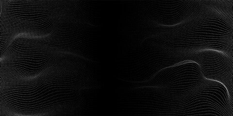 Flowing dots particles wave pattern 3D curve halftone black curve shape isolated on transparent background.