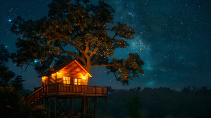 A treehouse, with a starry night sky above, during a tranquil midnight hour