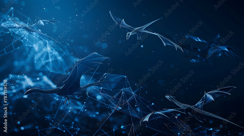 Fototapete Abstract flying dragons on a dark blue background Technological background for design on the topic of artificial intelligence neural networks big data Copy space : Generative AI