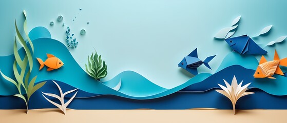 Paper art and cut style concept of World Oceans Day. Celebration dedicated to help protect sea...