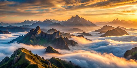 A majestic mountain range bathed in the soft light of dawn, with mist swirling around the peaks and valleys below