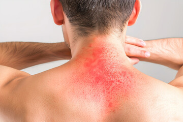 Fototapeta premium Detailed view of a red, inflamed skin rash on a person's back, discomfort and irritation.