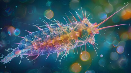 A microscopic image of a copepod a tiny crustacean covered in spinelike structures that help it navigate through the turbulent currents