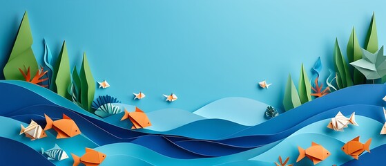Paper art and cut style concept of World Oceans Day. Celebration dedicated to help protect sea...