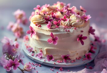 Close up view of a cake with floral decoration. Small pink flowers on the cake and the surface. Space for text