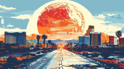 A retro-futuristic depiction of a city under a giant orange planet at sunset, ai generated