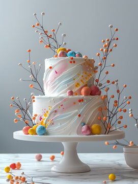 White cake with abstract colorful decorations on white background. Vertical food photo. Two tiered cake on a cake stand.