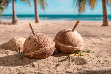 Fresh coconut milk in shell on a tropical island.