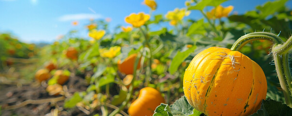 Pumpkins and yellow flowers in the sunny day