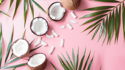 Summer creative layout with coconut pieces and palm leaves on pastel pink background 80s or 90s retro aesthetic fashion background Tropical fruit summer idea with copy space : Generative AI