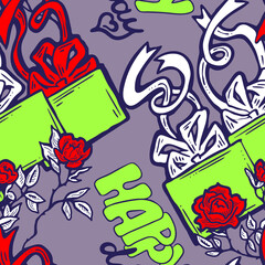 Gift box, ribbon and flowers seamless pattern for wrapping present with bow, party celebration, sale promotion, Textile print, fabric design, banner background. Hand drawn illustration cartoon style.