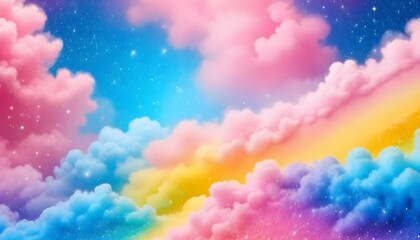 A pastel rainbow unicorn background including sparkling stars. A hazy, pink fantasy sky. Charming holographic area. Fairy iridescent gradient backdrop Backgrounds	
