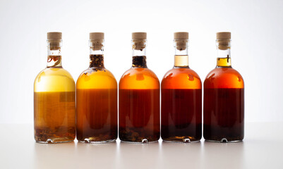 Many bottles with brown transparent alcoholic drink. Homemade tinctures based on natural herbs....