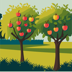 summer landscape apple orchard grden with green apple trees Vector illustration 10 eps