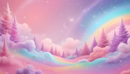Obraz premium A pastel rainbow unicorn background including sparkling stars. A hazy, pink fantasy sky. Charming holographic area. Fairy iridescent gradient backdrop Backgrounds 