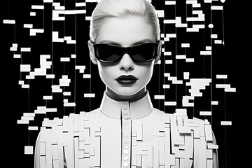 A monochrome image featuring a woman with sleek sunglasses and a digitalized disintegration effect - obrazy, fototapety, plakaty