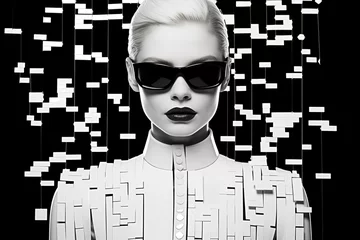 Poster A monochrome image featuring a woman with sleek sunglasses and a digitalized disintegration effect © Rytis