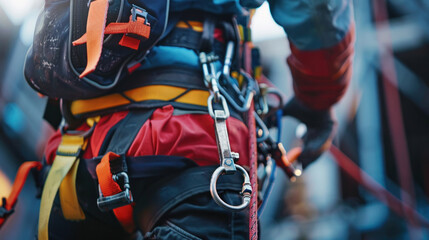 A worker is equipped with a fall arrestor device attached to a safety body harness, with selective focus on the hooks, while working at height.
